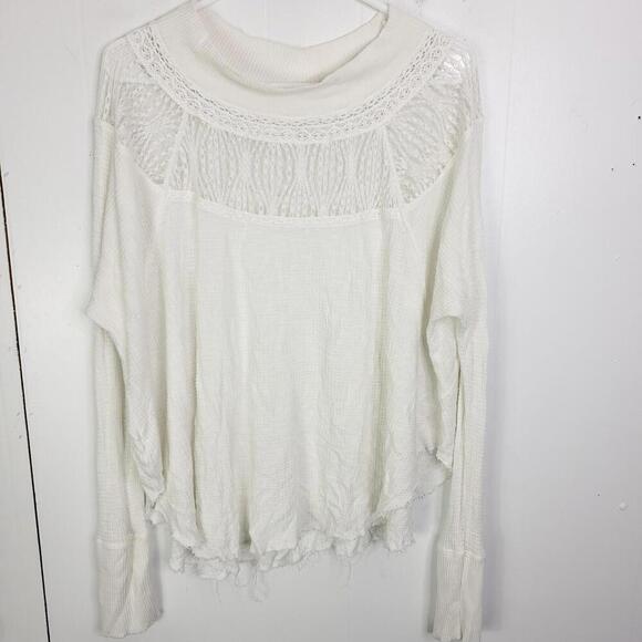 Free People Top Womens M Waffle Knit Mesh Lace Neck Long Sleeves Solid White - Picture 1 of 7